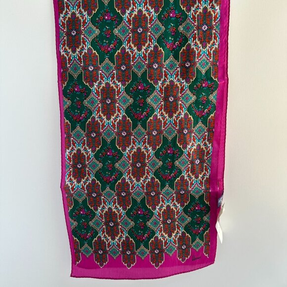 Vintage Silk Scarf Honey NWT 10x50, Geometric Floral Print, Fuchsia Green Red - Picture 3 of 10